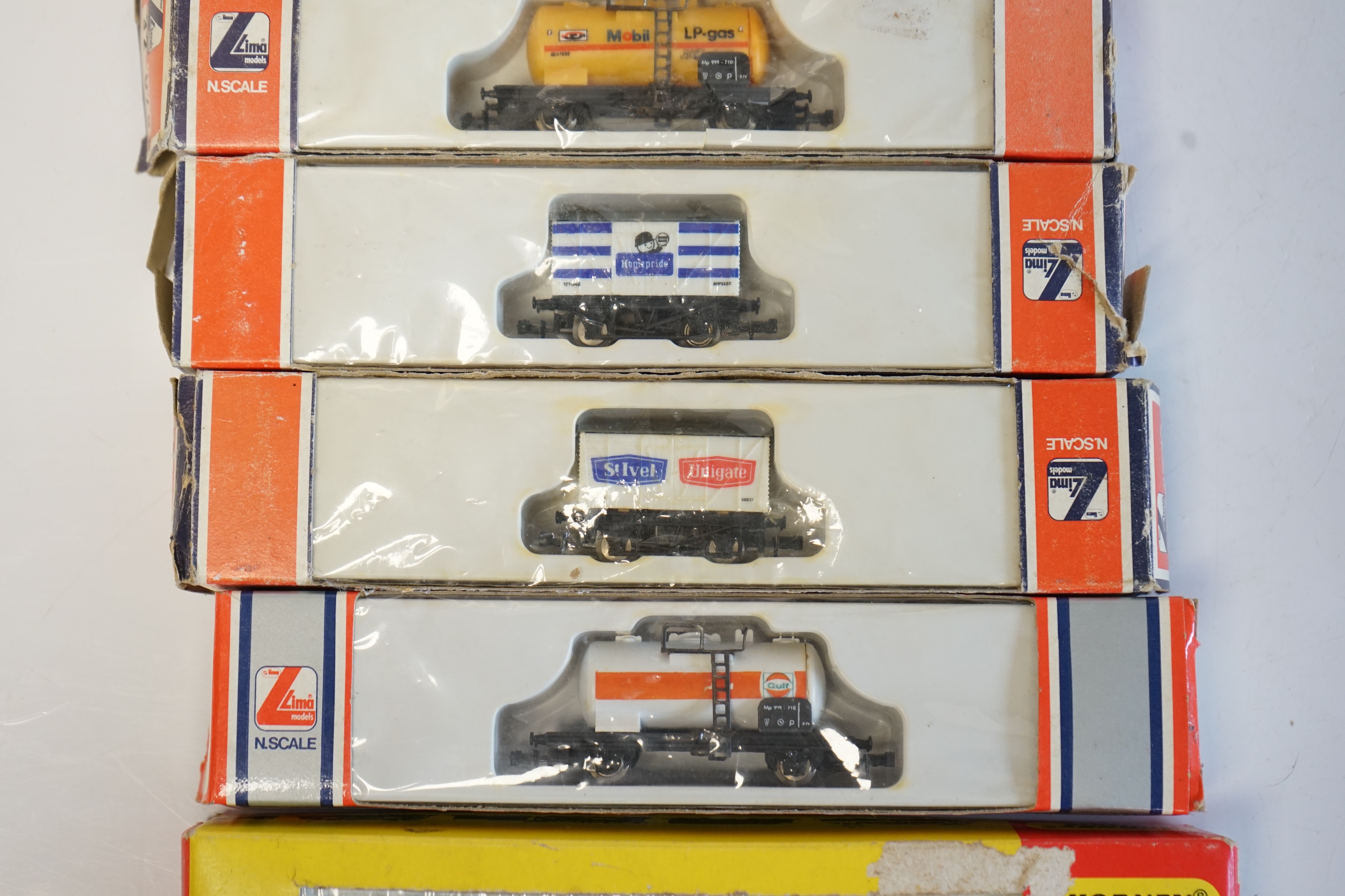 A quantity of N boxed gauge model railway by Graham Farish, Lima, Peco, etc., including five diesel locomotives, four in BR livery and one in Santa Fe livery, together with three Intercity corridor coaches, fourteen Brit